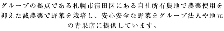 グループの拠点である札幌市清田区にある自社所有農地で農薬使用を抑えた減農薬で野菜を栽培し、安心安全な野菜をグループ法人や地元の青果店に提供しています。